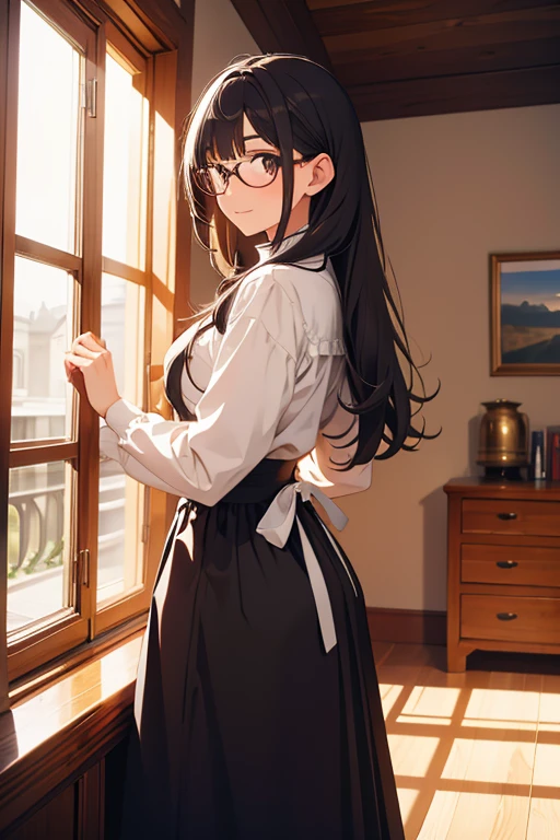 1girl,light smile,very long hair,straight hair,black hair, dark eyes,room,Medieval European House,By the window,Victorian maid costume,sunlight shines through the window,from side,cowboy shot,looking at viewer,calm atmosphere,tall female,glasses,standing,longskirts,