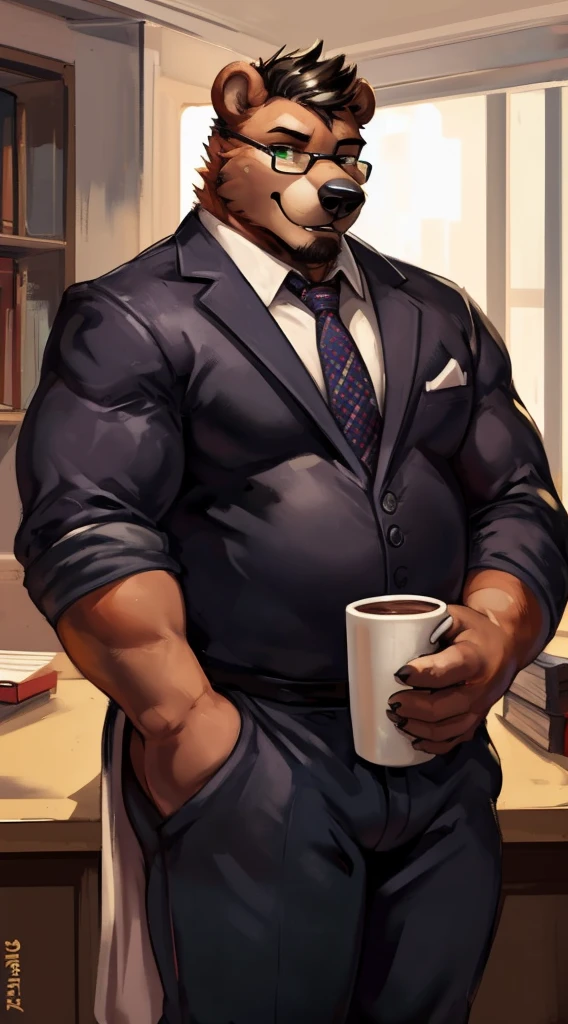 Chubby anthro furry male bear, muscular, stout, fat, unbuttoned black dress shirt, handsome, green eyes, gigantic scale, daddy figure, By mystikfox61, by glitter trap boy, by juiceps, by darkgem, solo, l detailed eyes, detailed hands, muscular, overweight, musclegut, big biceps, smiling, glasses, wearing a full suit, holding a cup of coffee, standing, office