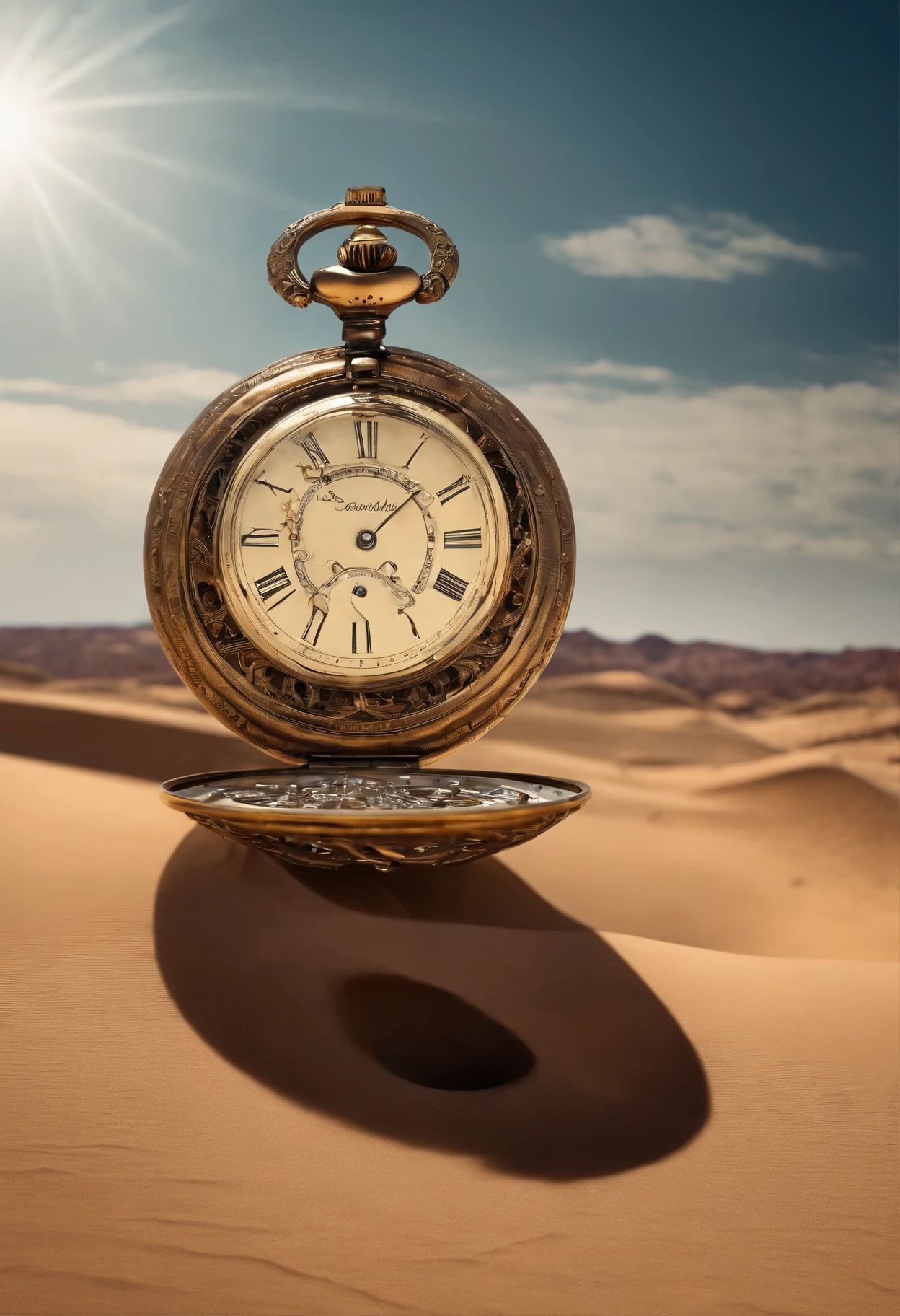 A human being made of pocket watches who  walking through a desert at day hoping for a best tomorrow