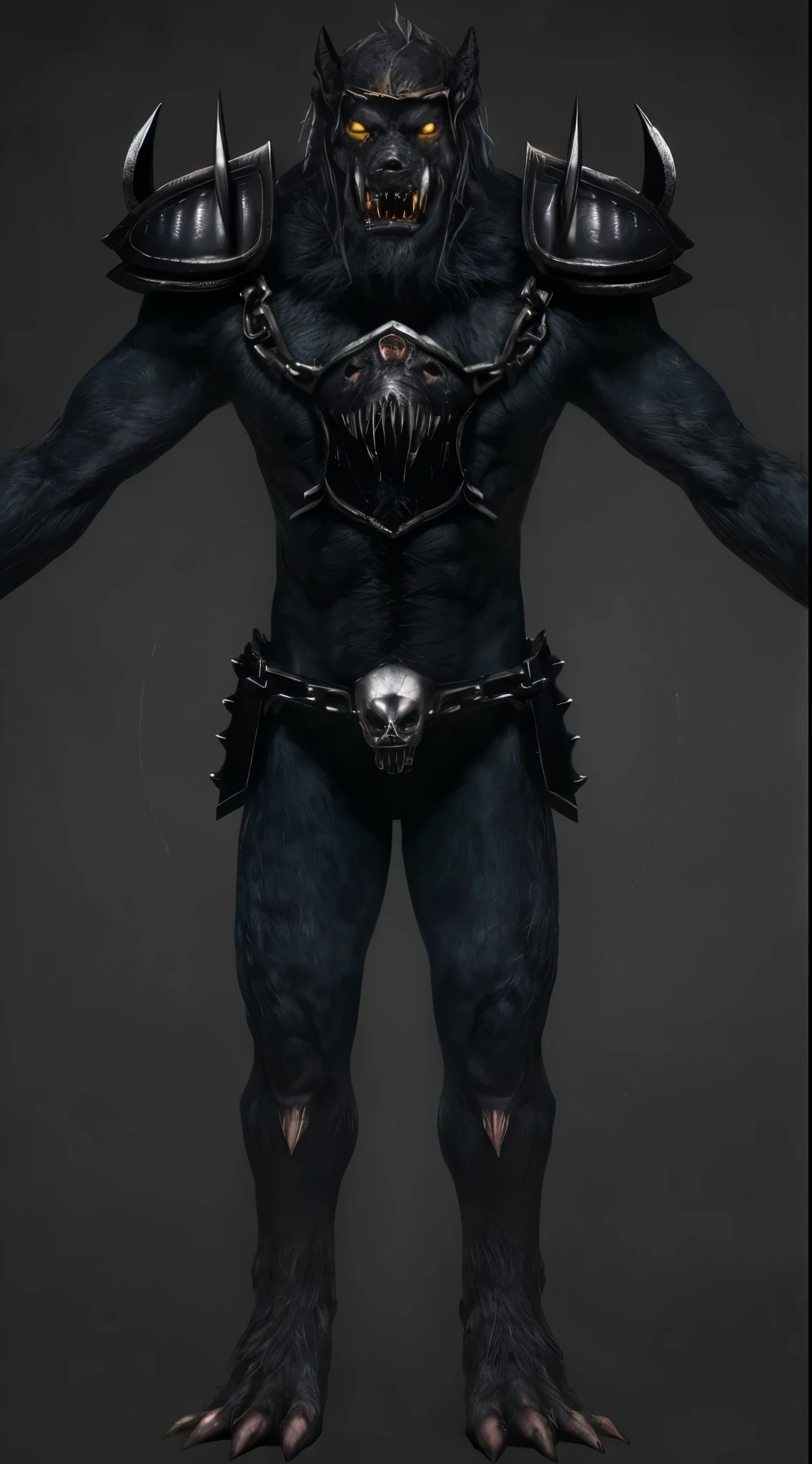 (masterpiece),(best quality:1.0),(ultra high resolution:1.0),monster, werewolf, zombie wolf, zombie , body hairs, chains, yellow eyes, metal armor, helmet metal, menacing look,claws, fangs, wolfteam, 8k wallpaper, full body