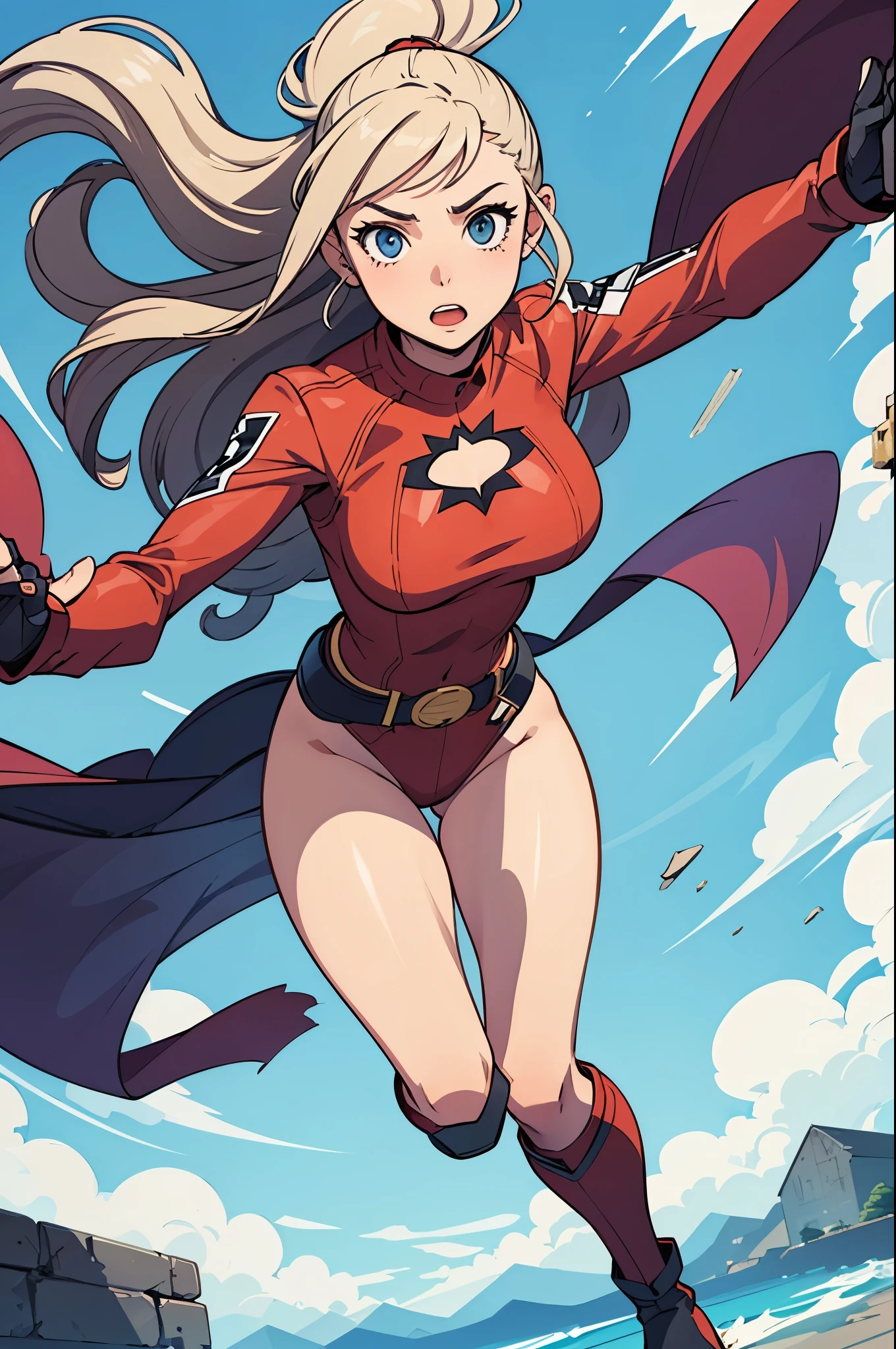 (best-quality:0.8), (best-quality:0.8), perfect anime illustration, pretty woman, superhero, leotard, bare legs, knee boots, twirling into a tornado