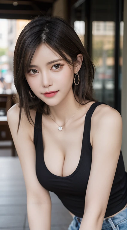 masutepiece, Best Quality, Photorealsitic, finely detail, hight resolution, 8K Wallpapers, Perfect dynamic composition, foco nítido, A hyper-realistic, Beautiful detailed eyes, Medium Hair, large full , Random and  poses, Bring your  together, (Beige Tight O Neck Knit Tank Top, wide open cleavage:1.4, High-cut pantiereast bulge:1.2,(Emphasizes cleavage, Tank top with a clear view of the shape of the :1.3)), A smile, open open mouth, Resort scenery, 25-years old, (drooing eyes:1.4),  beauty, japanes,  Chain Necklace, large earring, Shooting from front