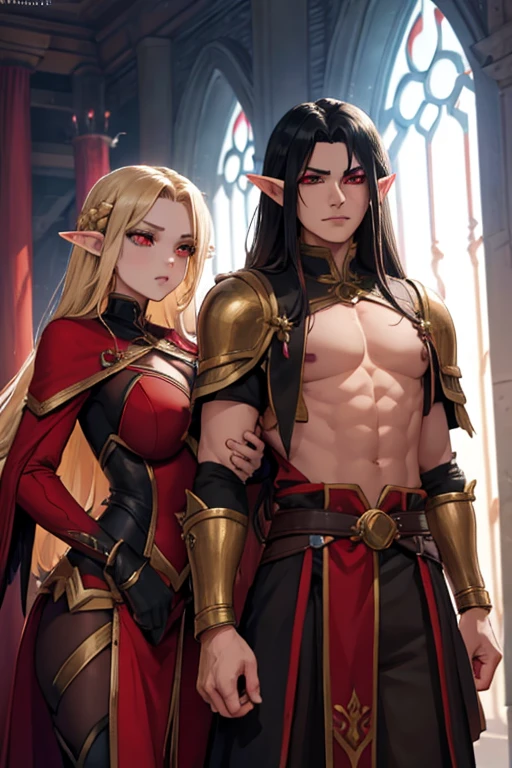 a female adult elf with weavy darkblonde hair visible forehead and demon wings wearing female purple armor next to a male adult good looking elf with *very long dark black hair* and red eyes wearing red armor couple dark athmosphere male with black hair