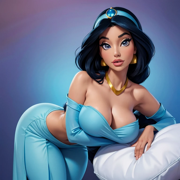 disney, jasmine, roupa de odalisca azul, low-cut blouse and blue pants, tapete magico, thin chest, seios redondos, cintura fina, coxas grossas.
