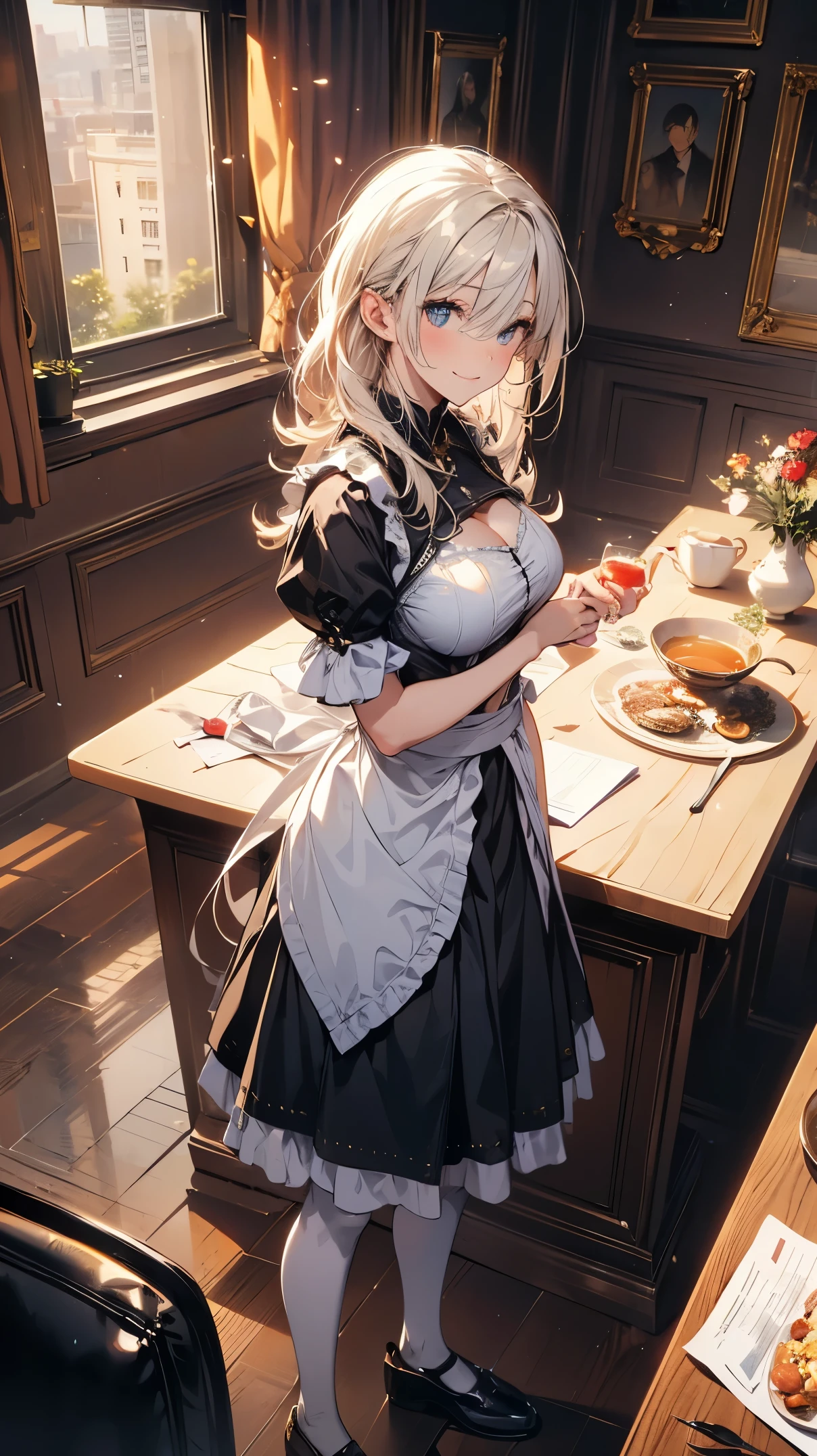 (Masterpiece, best quality), (ultra high resolution, 8K RAW photo, photo realistics:1.5, textile shading, thin outline), Beautuful Matured woman preparing tea-time, (tea set, tea pot, tea cups), wearing traditional sick maid uniform, maid costume:1.2, Tall and long legs, long white hair, wearing rimless grasses, (milf:1.5, 28 years old, solo), (large breast, sagging breast, big tits, narrow waist), (long white hair, hair over one eye, asymmetric hair), (bright pupils, detailed eyes, high detailed face, Perfect face shape, eye rush), (seductitve smiling, half-closing eyes), (looking at viewers:1.3), (dynamic angle, tighs focus, from side above:1.2), (correct anatomy:1.5, correct hands), (ideal ratio of body proportions),