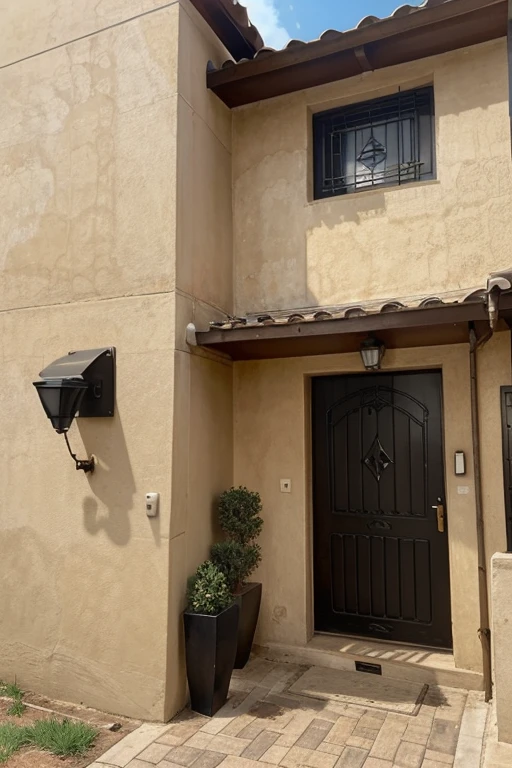 Na fotografia, there is a flag anteater animal trying to reach a doorbell or intercom next to a gold-colored gate. The animal is in front of a brown brick wall, the gate is solid and has a textured finish with three horizontal panels. There is lighting coming from the top right corner of the image, possibly from an external lamp. O ambiente parece ser o exterior de um imovel residencial.