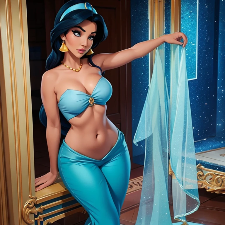 disney, jasmine, roupa de odalisca azul, low-cut blouse and blue pants, tapete magico, thin chest, seios redondos, cintura fina, coxas grossas.