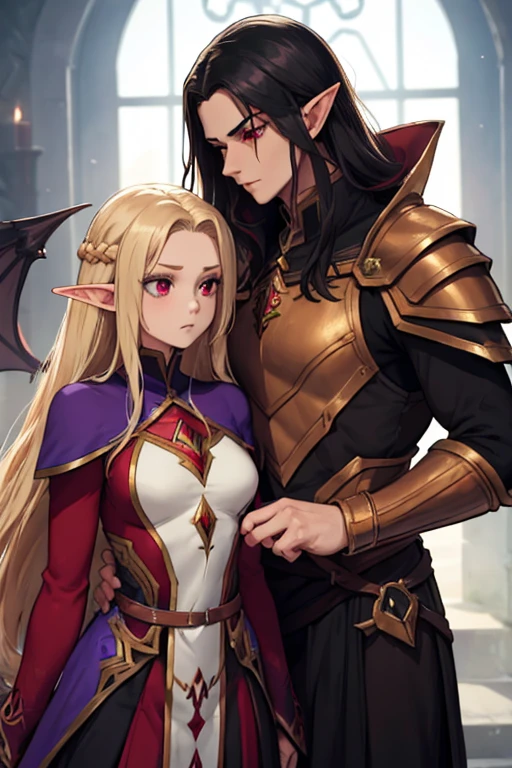 a female adult elf with weavy darkblonde hair visible forehead and demon wings wearing female purple armor next to a tall male adult good looking elf with *very long dark black hair* and red eyes wearing red armor couple dark athmosphere male with black hair