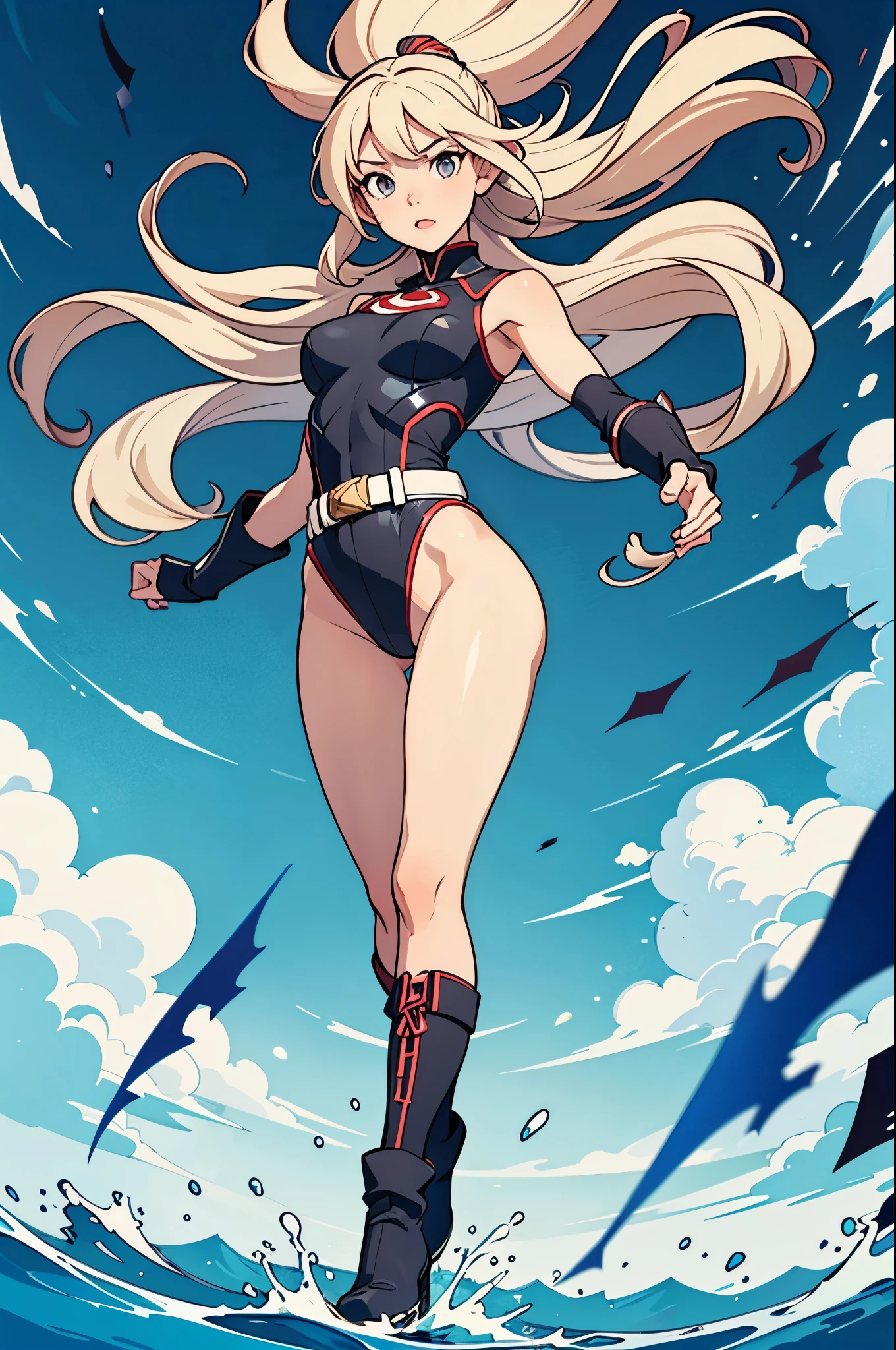 1girl, solo focus, superhero, leotard, highleg leotard, bare legs, boots, tight belt, mature lady, spinning her body in rapid speed like a tornado, wind swirls