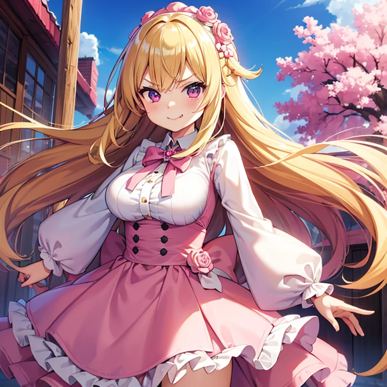 ((Best Quality)), ((masutepiece)), (Detailed), 1 woman, waifu oppai, angry, smile challenging, long hair blonde with hair highlights pink, blue and pink eyes, pink and white clothes, kawaii
