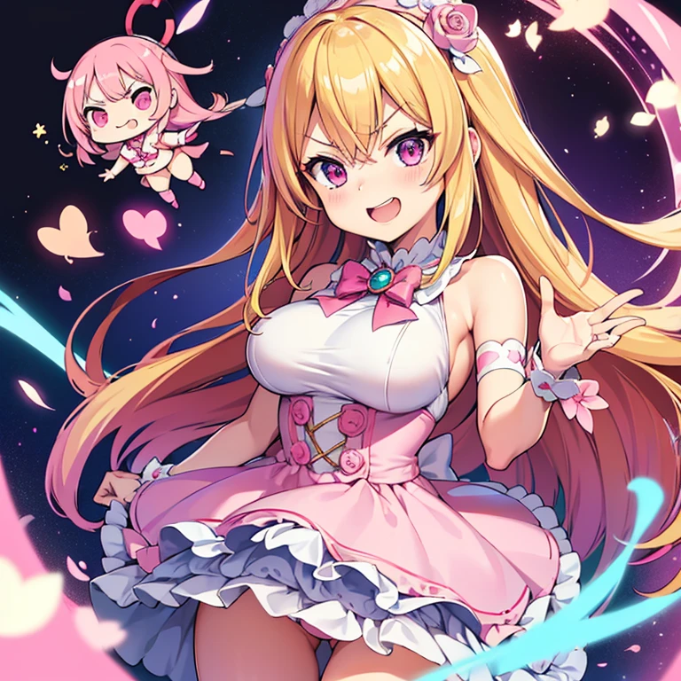 ((Best Quality)), ((masutepiece)), (Detailed), 1 woman, waifu oppai, angry, smile challenging, long hair blonde with hair highlights pink, blue and pink eyes, pink and white clothes, kawaii