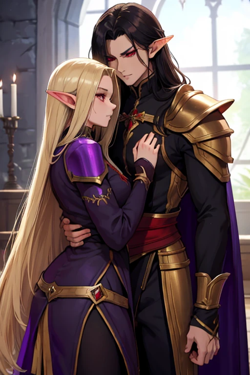 a female adult elf with weavy darkblonde hair visible forehead and demon wings wearing female purple armor next to a tall male adult good looking elf with *very long dark black hair* and red eyes wearing red armor couple dark athmosphere male with black hair