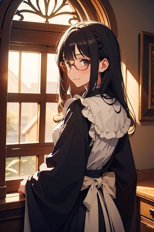 1girl,light smile,very long hair,straight hair,black hair, dark eyes,room,Medieval European House,By the window,Victorian maid costume,sunlight shines through the window,from side,cowboy shot,looking at viewer,calm atmosphere,tall female,glasses,standing,longskirts,
