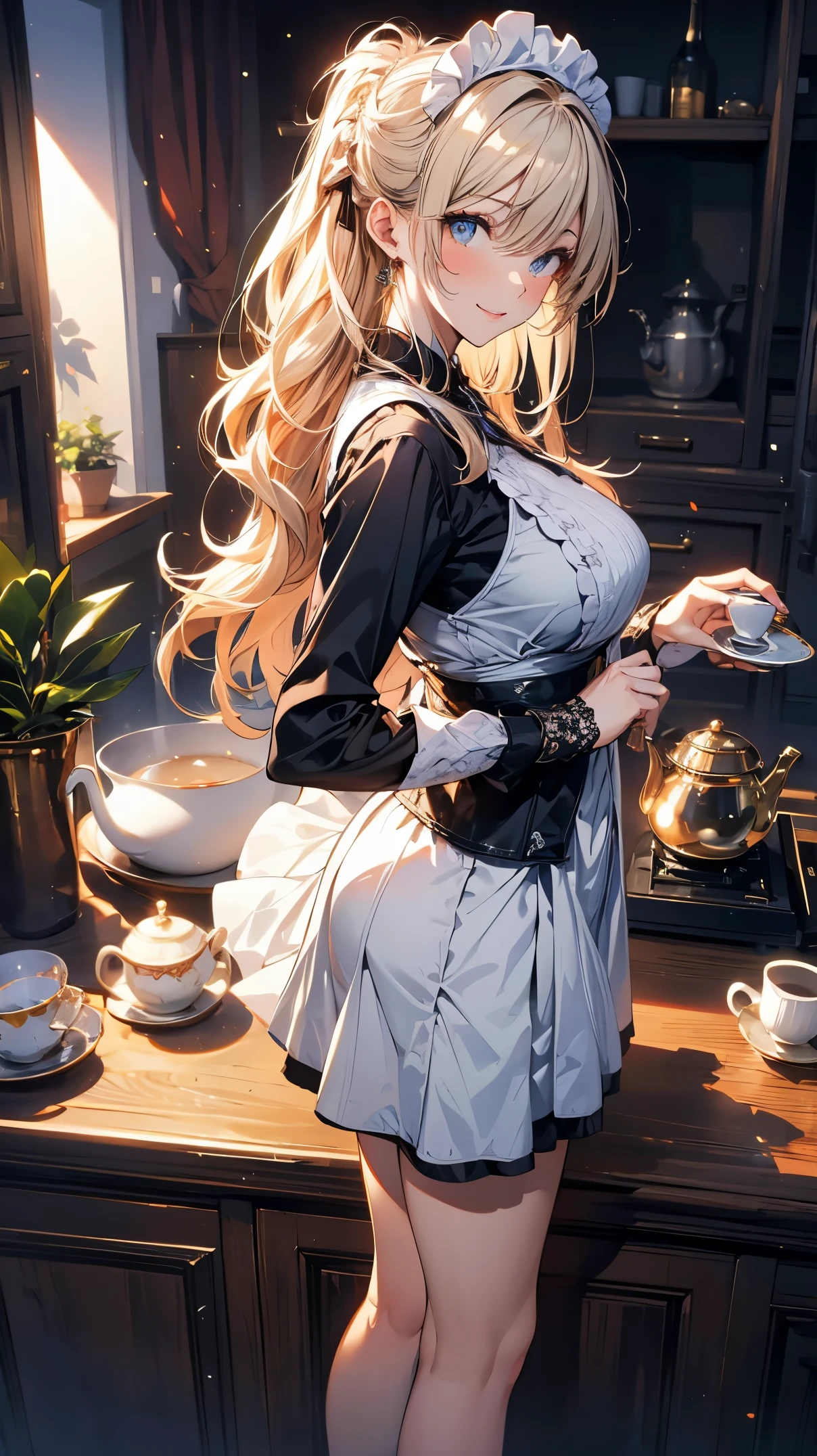 (Masterpiece, best quality), (ultra high resolution, 8K RAW photo, photo realistics:1.5, textile shading, thin outline), Beautuful Matured woman preparing tea-time, (tea set, tea pot, tea cups), wearing traditional sick maid uniform, maid costume:1.2, Tall and long legs, long white hair, wearing rimless grasses, (milf:1.5, 28 years old, solo), (large breast, sagging breast, big tits, narrow waist), (long white hair, hair over one eye, half updo, asymmetric hair, wavy hair), (bright pupils, detailed eyes, high detailed face, Perfect face shape, eye rush), (seductitve smiling, half-closing eyes), (looking at viewers:1.3), (dynamic angle, tighs focus, from side above:1.2), (correct anatomy:1.5, correct hands), (ideal ratio of body proportions),