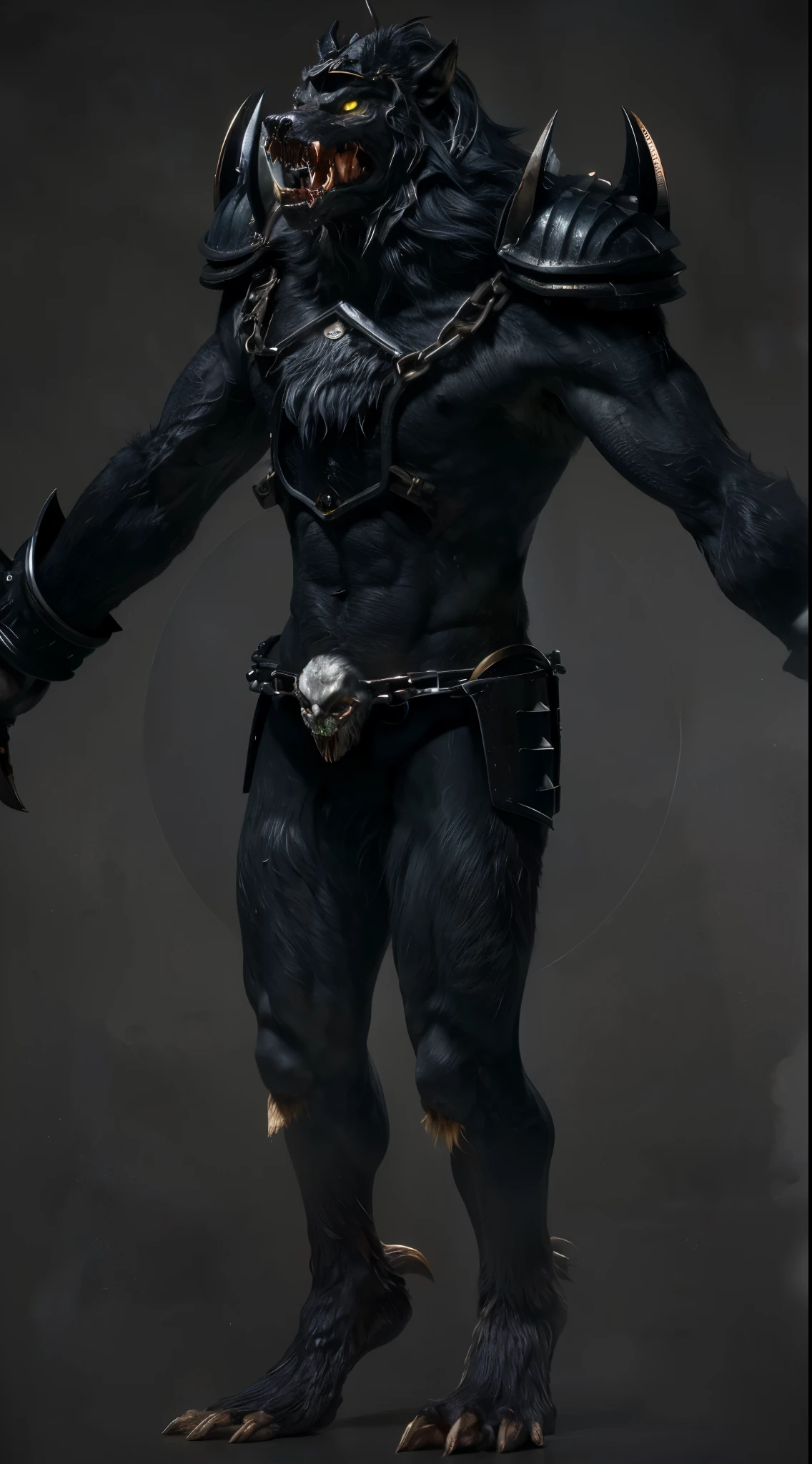 (masterpiece),(best quality:1.0),(ultra high resolution:1.0),monster, werewolf, zombie wolf, zombie , body hairs, chains, yellow eyes, metal armor, helmet metal, menacing look,claws, fangs, wolfteam, 8k wallpaper, full body