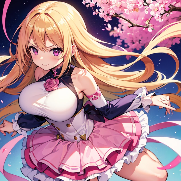 1 woman, waifu oppai, angry, smile challenging, long hair blonde with hair highlights pink, blue and pink eyes, yellow and white clothes, kawaii,