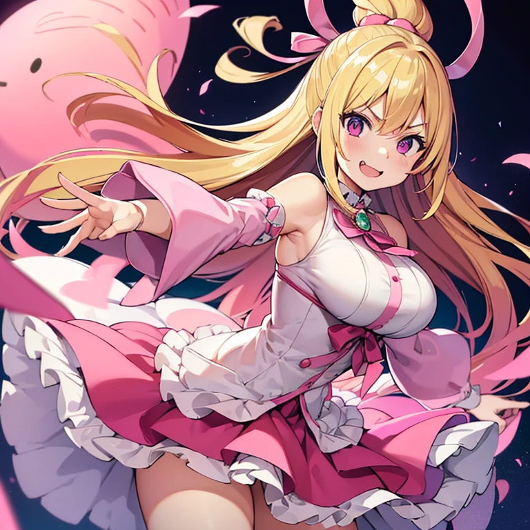 ((Best Quality)), ((masutepiece)), (Detailed), 1 woman, waifu oppai, angry, smile challenging, long hair blonde with hair highlights pink, blue and pink eyes, pink and white clothes, kawaii