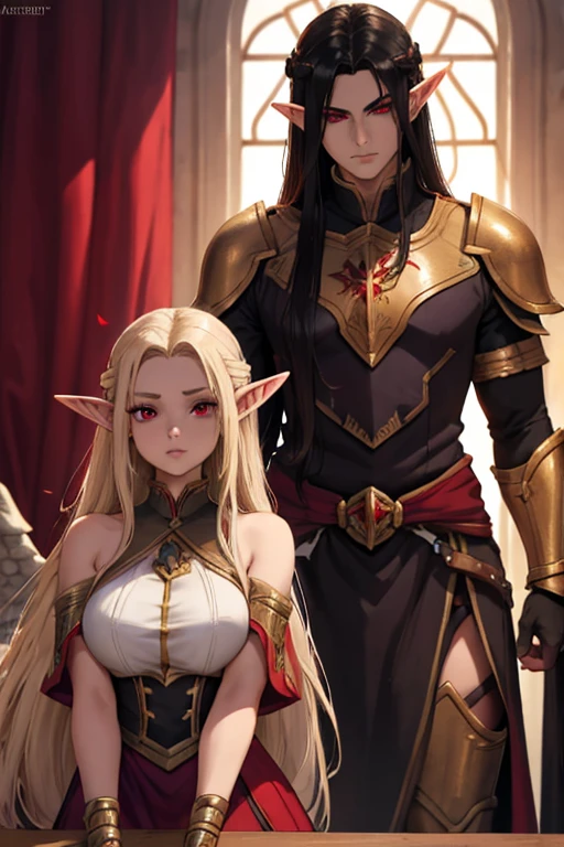 a female adult elf with weavy darkblonde hair visible forehead and demon wings wearing female purple armor next to a tall male adult good looking elf with *very long dark black hair* and red eyes wearing red armor couple dark athmosphere male with black hair