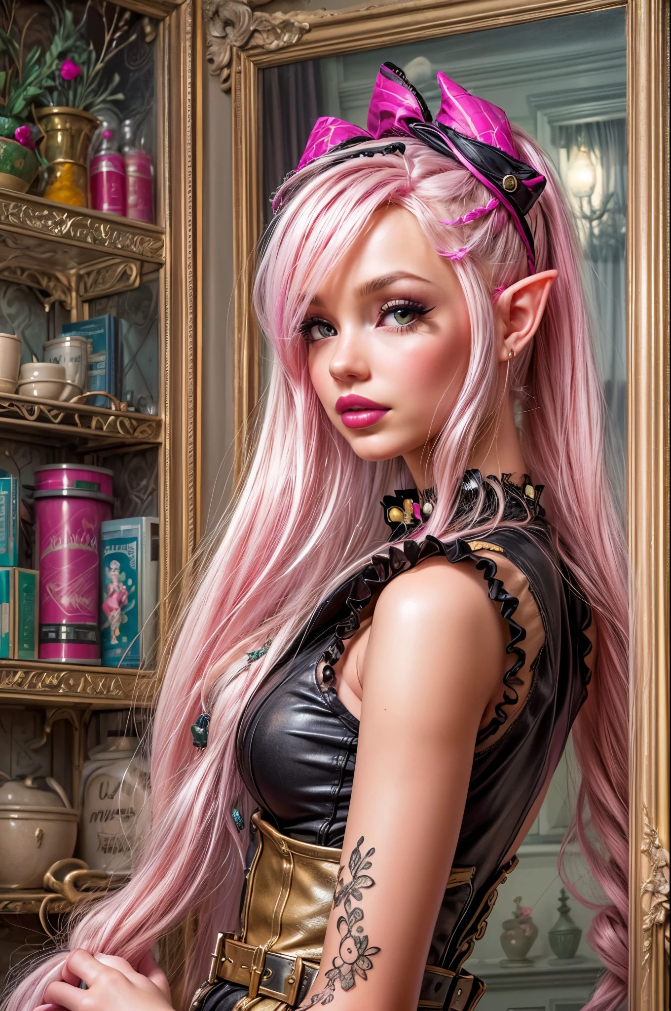 a pin up picture of goth (Elf: 1.4) (Live like Barbie: 1.5) as a dominatrix queen (best details, Masterpiece, best quality :1.5), ultra detailed face (best details, Masterpiece, best quality :1.5), ultra feminine (best details, Masterpiece, best quality :1.5), wearing latex pink mini dress, pink stockings, pink high heels, small elf ears, long braided hair, hair pulled back, blond hair, modern bedroom background (best details, Masterpiece, best quality :1.5), ultra best realistic pictures , best details, best quality, 16k, [ultra detailed], masterpiece, best quality, (extremely detailed), ultra wide shot, photorealism, depth of field, hyper realistic painting