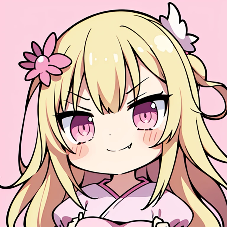 ((Best Quality)), ((masutepiece)), (Detailed), 1 woman, waifu oppai, angry, smile challenging, long hair blonde with hair highlights pink, blue and pink eyes, pink and white clothes, kawaii