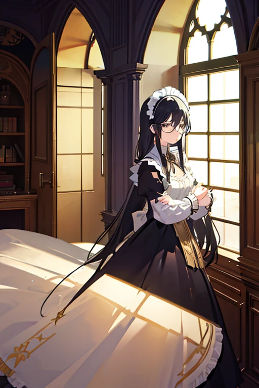 1girl,light smile,very long hair,straight hair,black hair, dark eyes,room,Medieval European House,By the window,Victorian maid costume,sunlight shines through the window,from side,cowboy shot,looking at viewer,calm atmosphere,tall female,glasses,standing,longskirts,