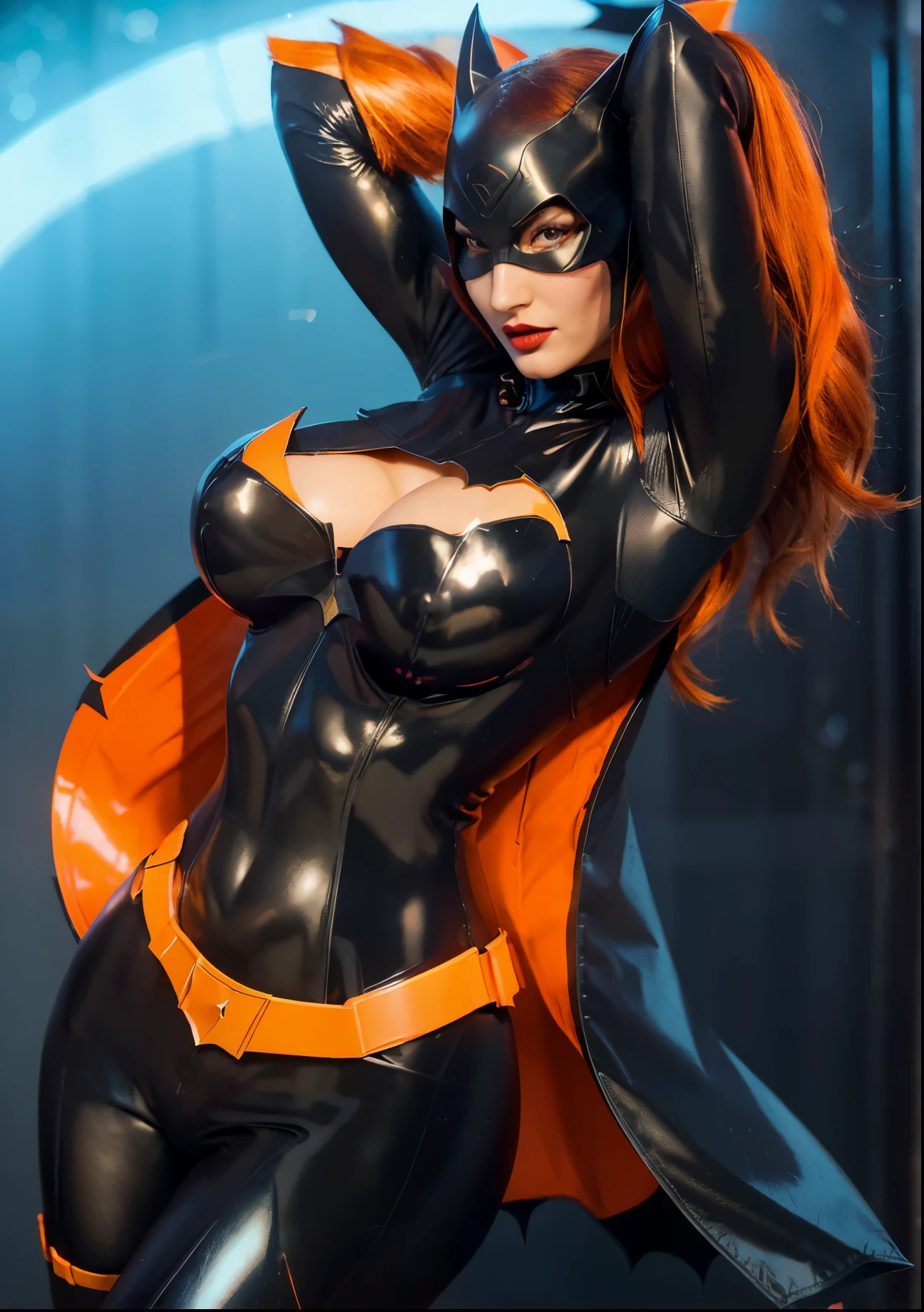 Batman but in Girl version, Batgirl, sexy batgirl,naughty Batgirl, red hair, blue eyes, red lips, big breast, milf, shining black suit, Bat logo, shining suit, translucent suit, perfect body, beautiful breast, sensuality, amazing Batgirl, Sensuality pose, masterpiece, best quality, realistic, hyper realistic, 8k