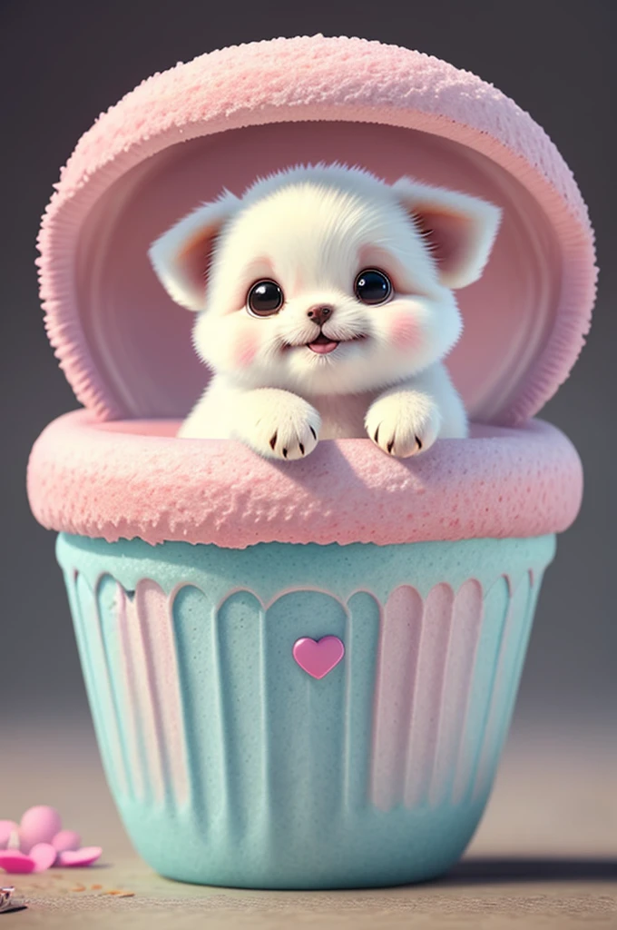 Cute adorable little puppy sitting in a cupcake, bakery, colourful donuts, anime illustration, pixar, happy smile, pastel colours, soft lighting, art station, detailed digital painting, cinematic, hyper realistic, octane render, 3DMDT1, best quality, detailed, masterpiece, perfect face