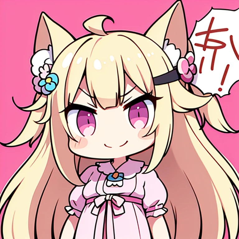 1 woman, waifu oppai, angry, smile challenging, long hair blonde with hair highlights pink, blue and pink eyes, pink and white clothes, kawaii