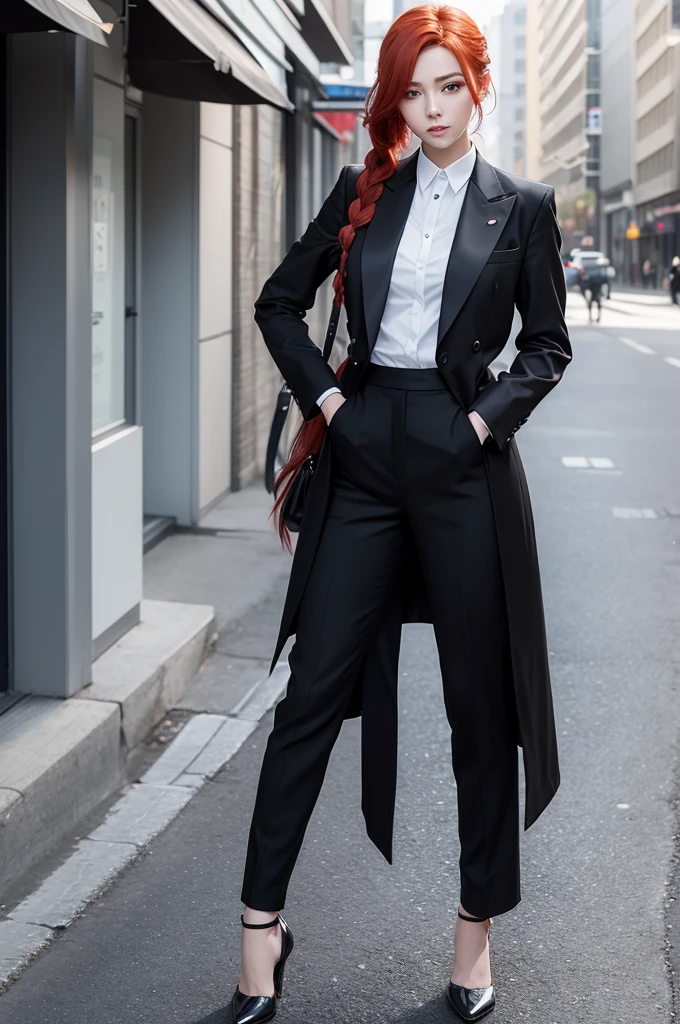 Create a female anime character with red hair, featuring a long braid extending behind her head. She has yellow eyes and fair skin. She wears black dress pants paired with a white long-sleeved formal shirt. The character embodies a stylish and modern look. The scene can be set in an urban or contemporary environment, paying attention to fashion and the character's style details. Capturing the hair texture, eye expression, and clothing details are crucial to portray the elegance and sophistication of this anime figure