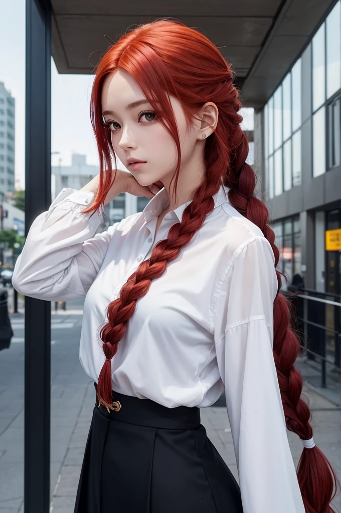 Create a female anime character with red hair, featuring a long braid extending behind her head. She has yellow eyes and fair skin. She wears black dress pants paired with a white long-sleeved formal shirt. The character embodies a stylish and modern look. The scene can be set in an urban or contemporary environment, paying attention to fashion and the character's style details. Capturing the hair texture, eye expression, and clothing details are crucial to portray the elegance and sophistication of this anime figure