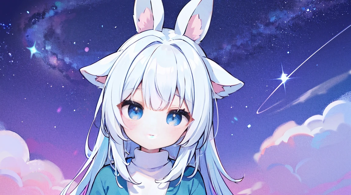 1 garota, Cabelo branco comprido, olhos azuis, Wearing blue sweater, orelhas de raposa , absurdos, high resolution, ultra-afiado, 8k, obra de arte, olhando para o espectador, fundo roxo claro, corpo todo