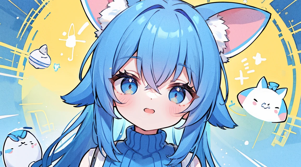 masterpiece, Highest quality, High resolution, wonderful, fur-trimmed coat, fur-trimmed sleeves, striped coat, white and bluecoat, blue hair, cat ear, white beret, whole body, sleeves past wrists, covered mouth,