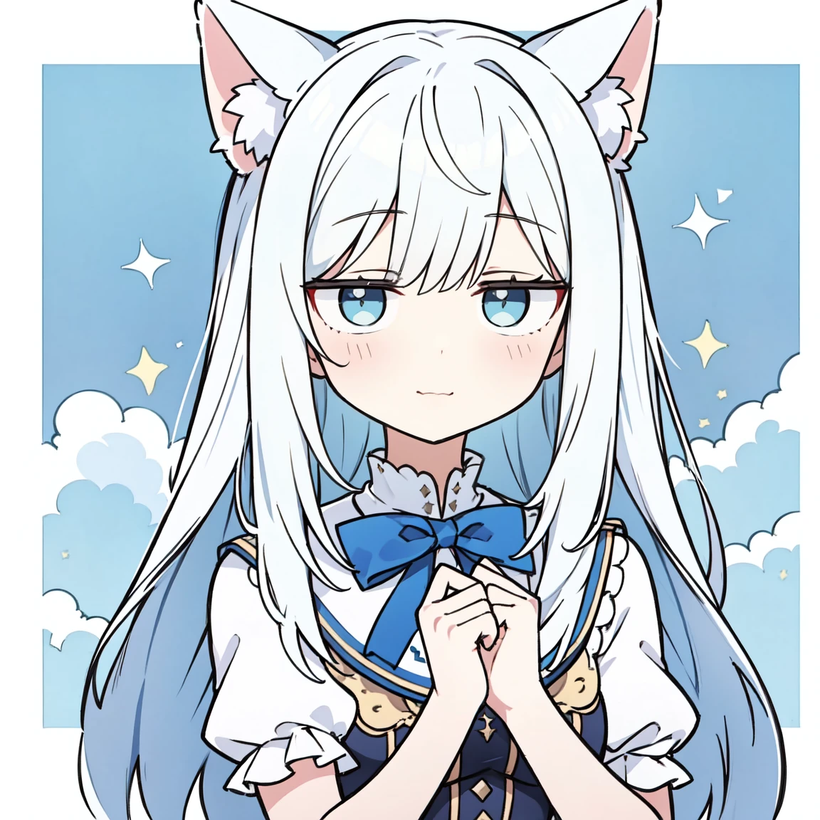 Fundo no fundo branco,Super cute Q version white-haired catgirl,Vestindo um terno de marinheiro azul claro,Agachado e sentado com meias brancas,Vender mais,olhos e pupilas cor de rosa,hiper HD, alto detalhe, alta qualidade, Best quality at best, A high resolution