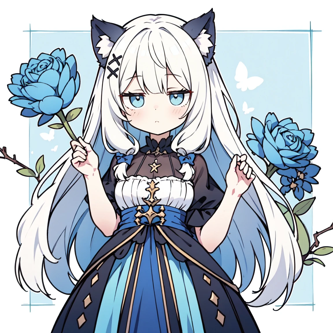 Fundo no fundo branco，Super cute Q version white-haired catgirl，Vestindo um terno de marinheiro azul claro，Agachado e sentado com meias brancas，Vender mais，olhos e pupilas cor de rosa，hiper HD, alto detalhe, alta qualidade, Best quality at best, A high resolution