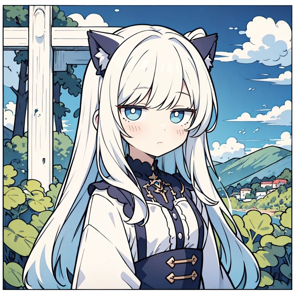 Fundo no fundo branco,Super cute Q version white-haired catgirl,Vestindo um terno de marinheiro azul claro,Agachado e sentado com meias brancas,Vender mais,olhos e pupilas cor de rosa,hiper HD, alto detalhe, alta qualidade, Best quality at best, A high resolution