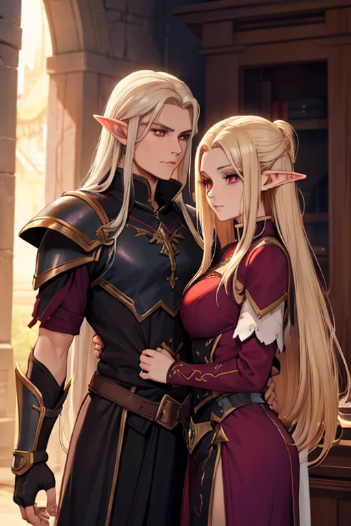 a female adult elf with weavy darkblonde hair visible forehead and demon wings wearing female purple armor next to a tall male adult good looking elf with *very long dark black hair* and red eyes wearing red armor couple dark athmosphere male with black hair