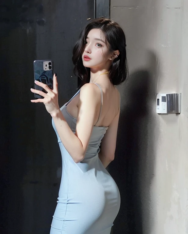 mulher de araffe em um vestido justo tirando uma selfie com seu celular, vestido justo, foto de magra, foto de modelo de menina Modelo do Instagram, vestido sexy, 18 anos, linda mulher coreana jovem, 2 2 anos, 2 Modelo feminina de 4 anos, menina corea anos, pose atraente, cintura magra e quadris grossos