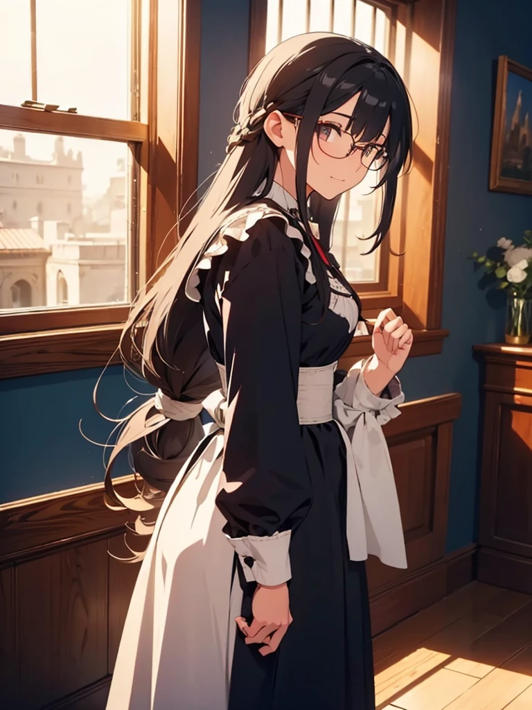 1girl,light smile,very long hair,straight hair,black hair, dark eyes,room,Medieval European House,By the window,Victorian maid costume,sunlight shines through the window,from side,cowboy shot,looking at viewer,calm atmosphere,tall female,glasses,standing,