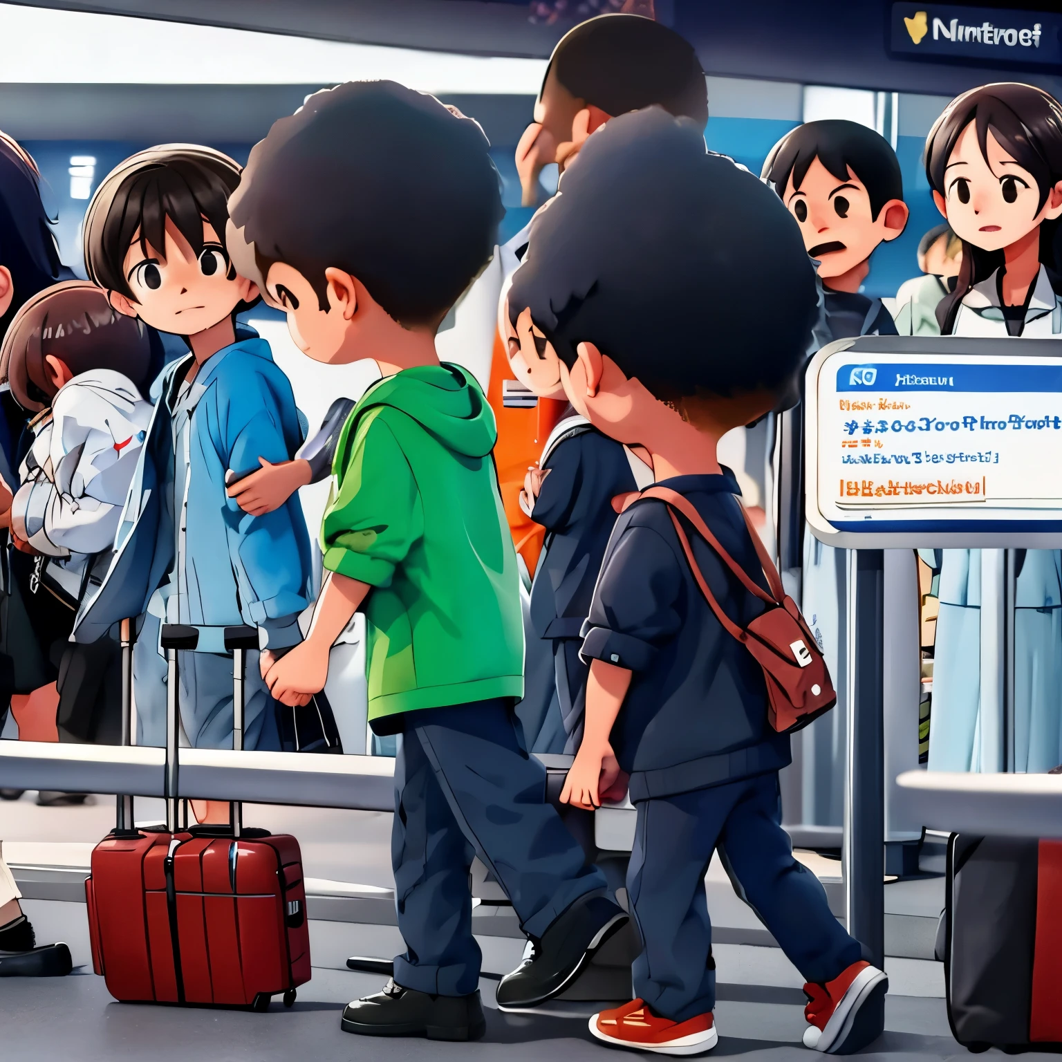 People checking luggage at airports, in queues