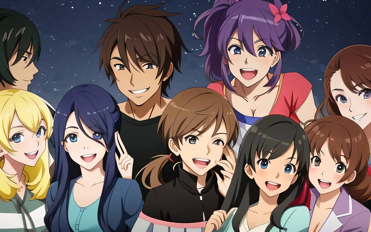 il y a beaucoup de gens qui sourient tous ensemble, Il y avait huit personnages d’anime, Dans le style anime, groupe prenant une photo tous ensemble, ils s'amusent, 3hommes, 6femmes