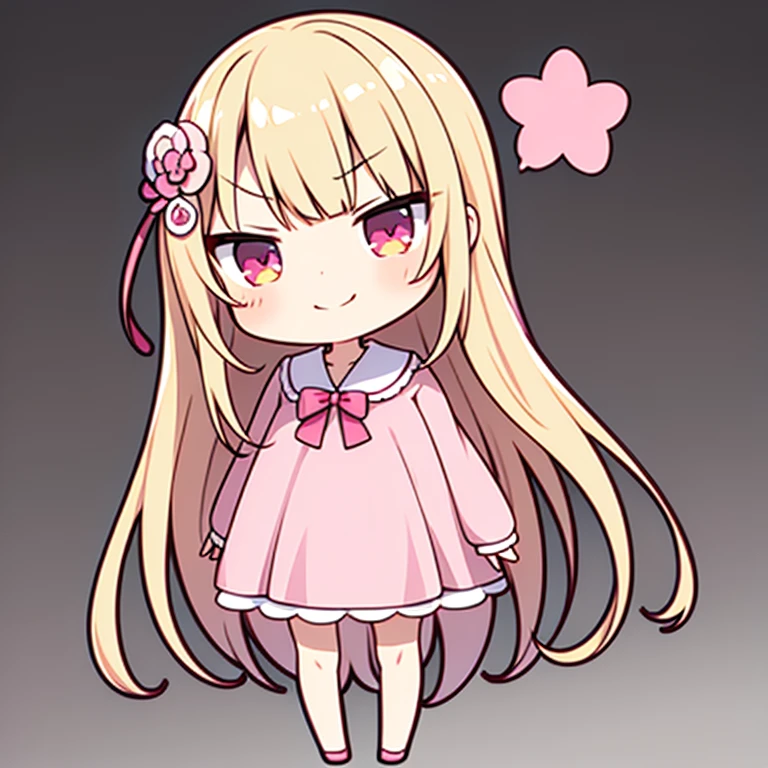 ((Best Quality)), ((masutepiece)), (Detailed), 1 woman, waifu oppai, angry, smile challenging, long hair blonde with hair highlights pink, blue and pink eyes, pink and white tight dress, kawaii, full body