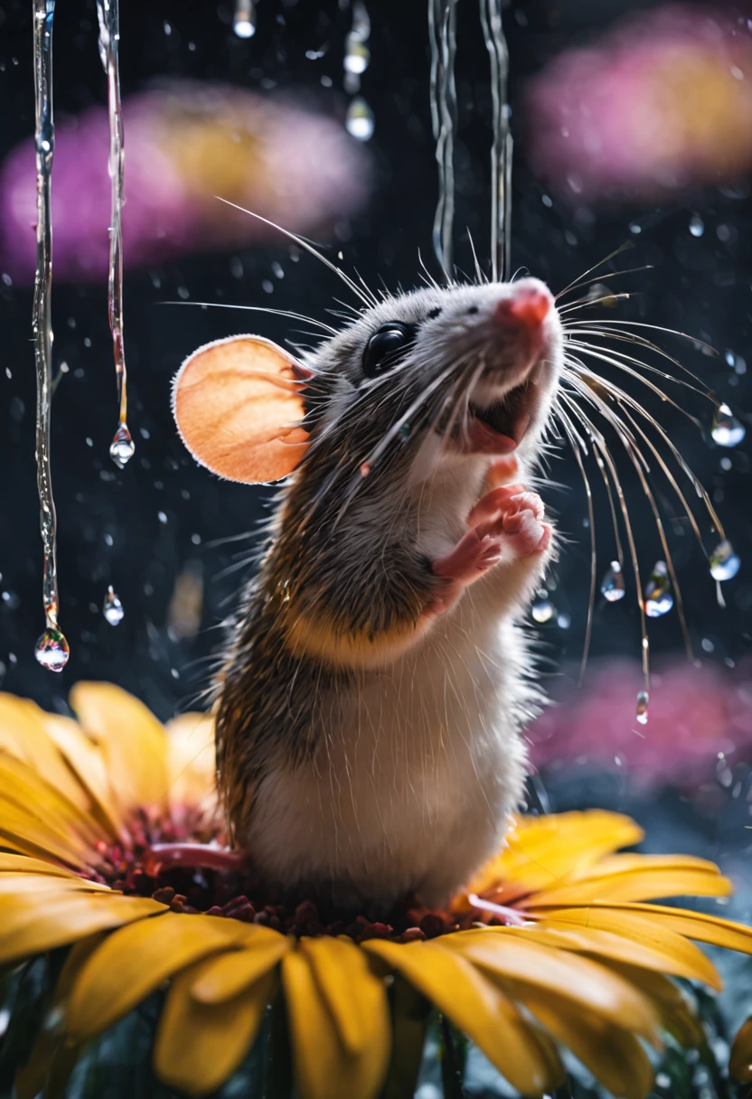 create a high definition image of raining scenery where a mouse is under a flower soaking wet in a crystal style art mice is looking up the rain drops from the colorful daisy flower petals with black background

