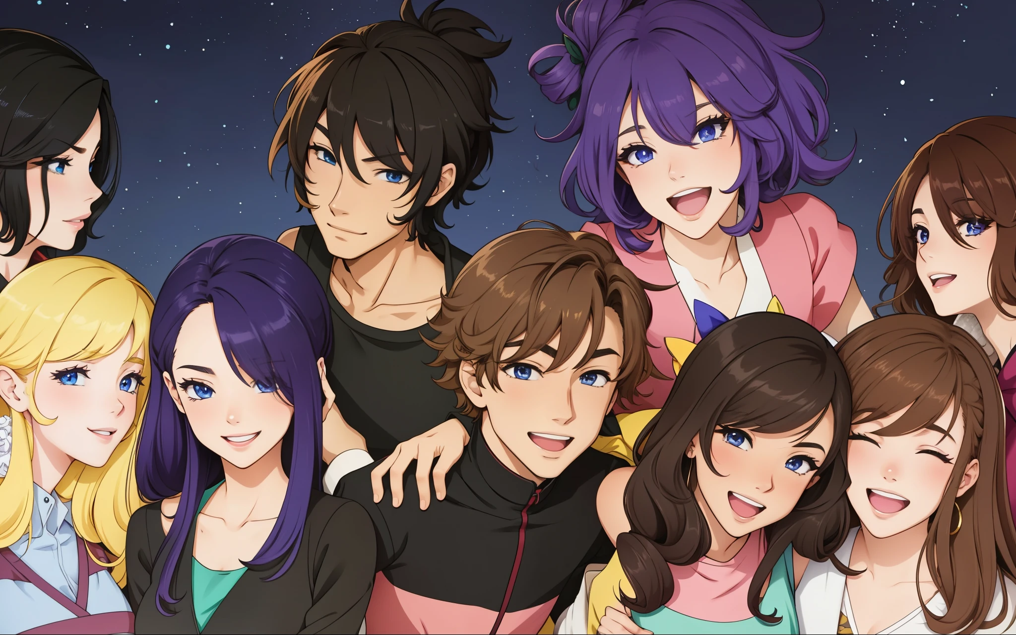 there are many people that are all smiling together, there were eight anime people, in anime style, group taking a photo all together, they are having fun, 3men, 6women