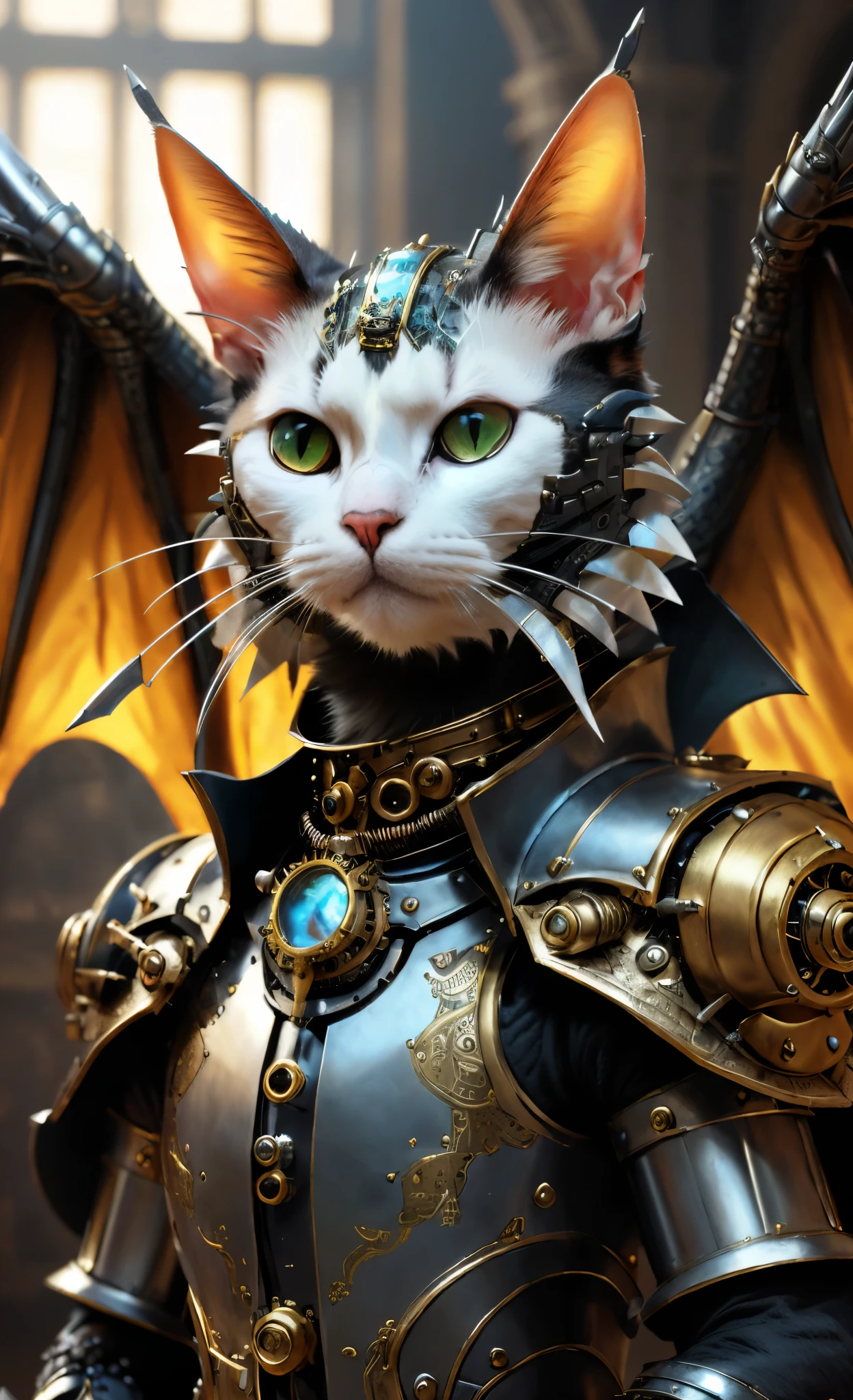 here's the cat, who dressed up as a knight, steampunk cat, Cute chintz cat in steampunk style, armored cat, portrait of a steampunk catgirl, anthro cat, hyperdetailed fantasy character, Cyborg Cat, cat warrior, Armoured feline companion, a Cyborg Cat, Anthropomorphic cat, Hyper realistic d & fantasy art, 4k fantasy detail