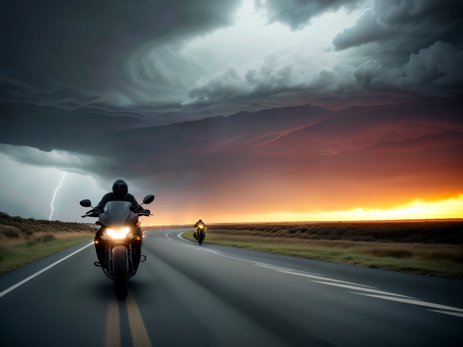 two people ride motorcycles on the road under the dark sky, still from a dramatic sci-fi film, Dramatic action atmosphere, ghosts, jumping across the sky, stormy atmosphere, ominous atmosphere, Cinematic stormy skies, In a storm, Dramatic cinematic shot, apocalypse, dramatic clouds and atmosphere, An ominous apocalyptic background, A storm is raging outside the window, dramatic and atmospheric, storm