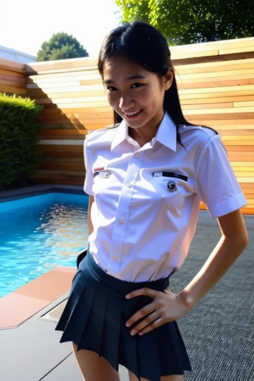 Indonesian girl, school, unbuttoned, no bra, wet, , full body, sweaty, small tits, school uniform, drenched, bathroom
