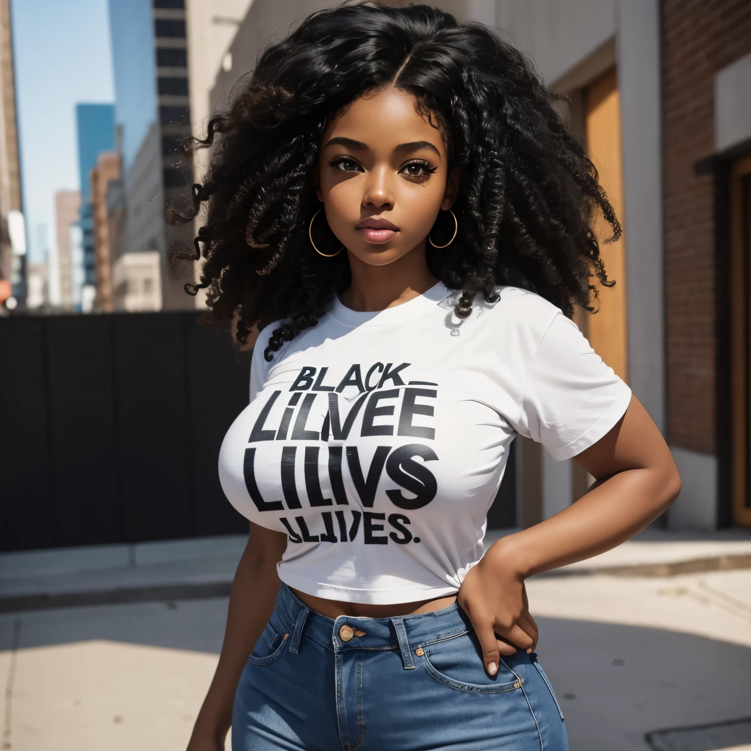 Black girl in her twenties, with huge boobs, a tiny Waist and a round ass. Wearing jeans and a t-shirt that says Black Lives Matter. She has abundant curly hair, big blue eyes, small nose and full lips.