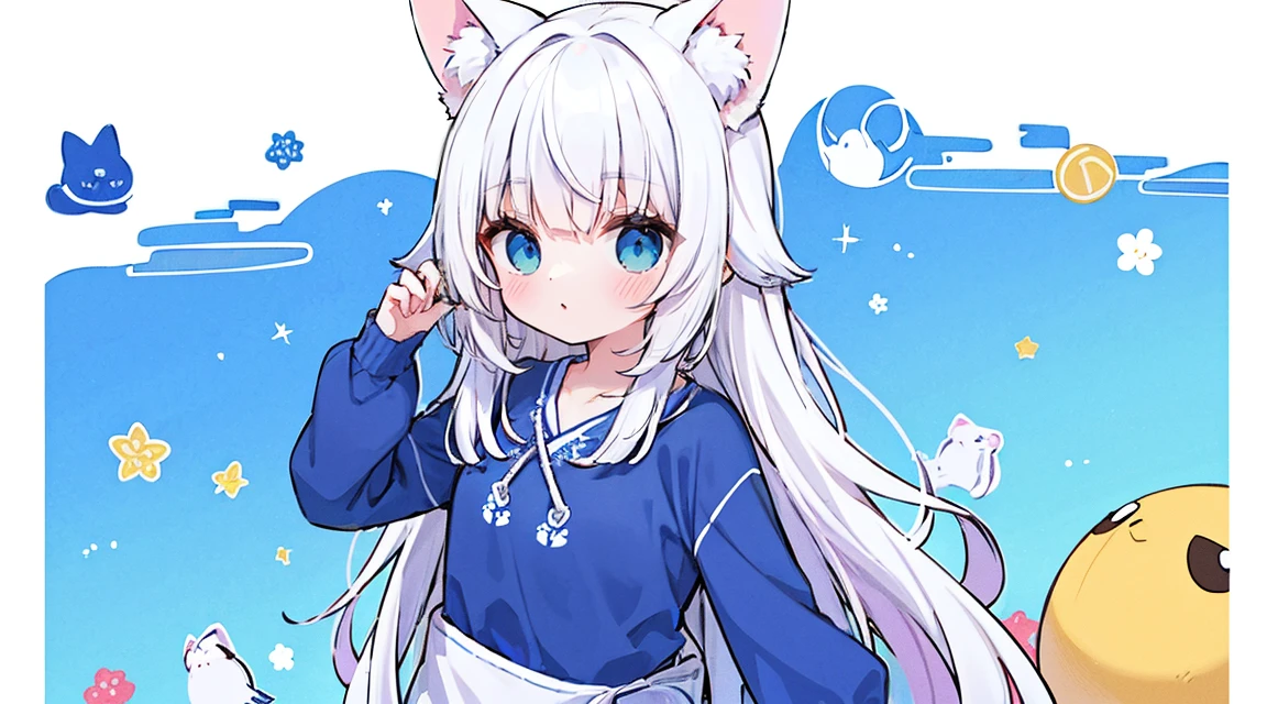 1 garota, Cabelo branco comprido, olhos azuis, Wearing blue sweater, orelhas de raposa , absurdos, high resolution, ultra-afiado, 8k, obra de arte, olhando para o espectador, fundo roxo claro, corpo todo