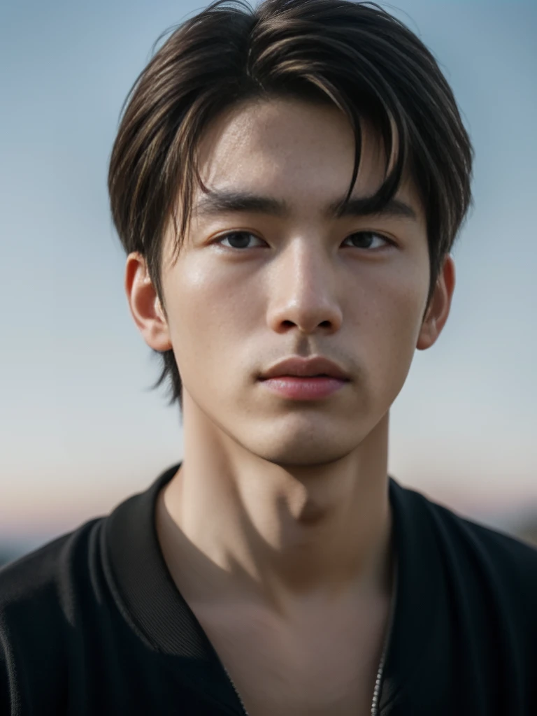 (10, RAW photo, 最高品質),Realistic,1 Korean Man,22 years old,frontal,intricate detailed,gag,look away,male focus,bara,Morning sky,gentle lighting,Cinematic lighting,portrait,With love,