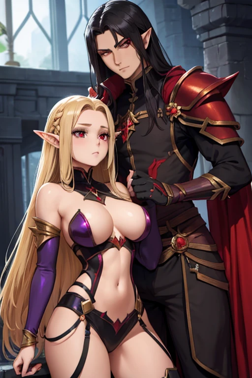 a female adult elf with weavy darkblonde hair visible forehead and demon wings wearing female purple armor next to a tall male adult good looking elf with *very long dark black hair* and red eyes wearing red armor couple dark athmosphere male with black hair